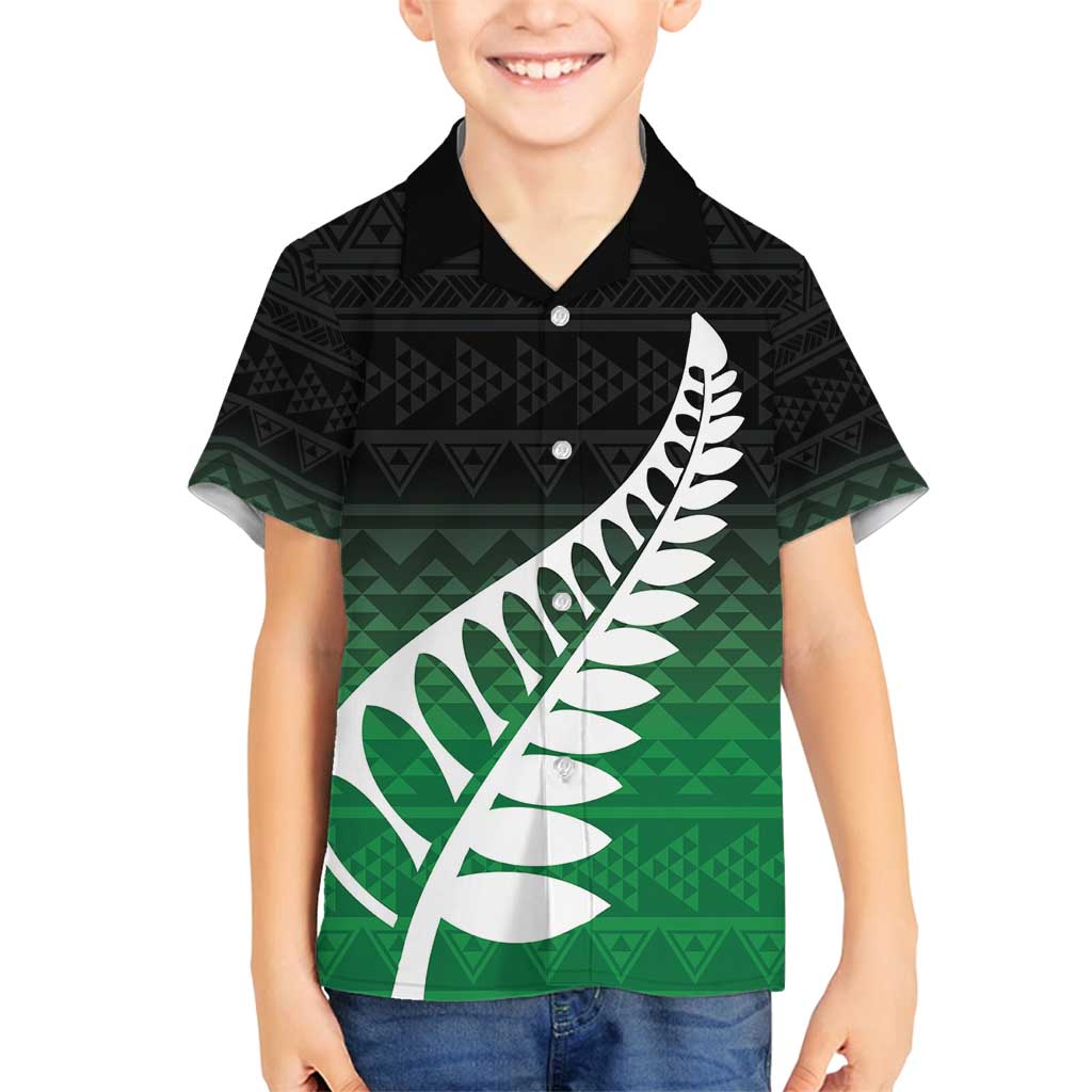 Green Silver Fern Spirit Taniko Tukutuku Personalised Family Matching Off Shoulder Short Dress and Hawaiian Shirt LT9 Son's Shirt Green - Polynesian Pride