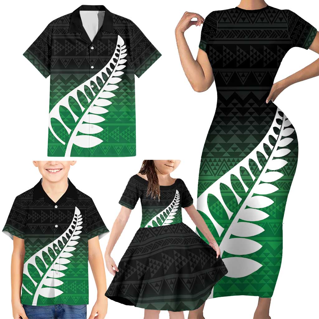Green Silver Fern Spirit Taniko Tukutuku Personalised Family Matching Short Sleeve Bodycon Dress and Hawaiian Shirt LT9 - Polynesian Pride