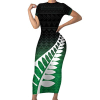 Green Silver Fern Spirit Taniko Tukutuku Personalised Family Matching Short Sleeve Bodycon Dress and Hawaiian Shirt LT9 Mom's Dress Green - Polynesian Pride