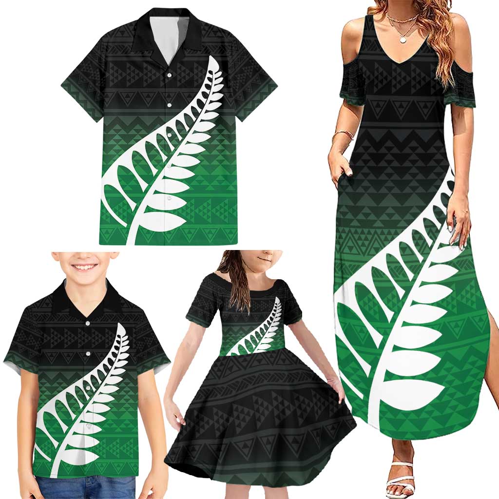 Green Silver Fern Spirit Taniko Tukutuku Personalised Family Matching Summer Maxi Dress and Hawaiian Shirt LT9 - Polynesian Pride