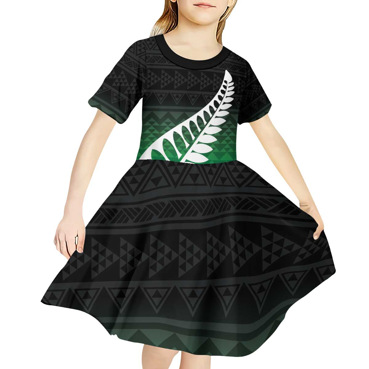 Green Silver Fern Spirit Taniko Tukutuku Personalised Kid Short Sleeve Dress