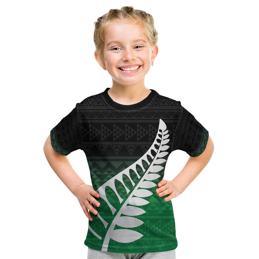 Green Silver Fern Spirit Taniko Tukutuku Personalised Kid T Shirt