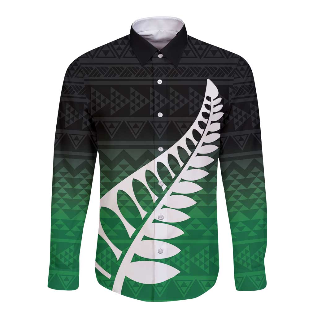 Green Silver Fern Spirit Taniko Tukutuku Personalised Long Sleeve Button Shirt