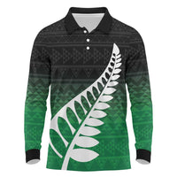 Green Silver Fern Spirit Taniko Tukutuku Personalised Long Sleeve Polo Shirt