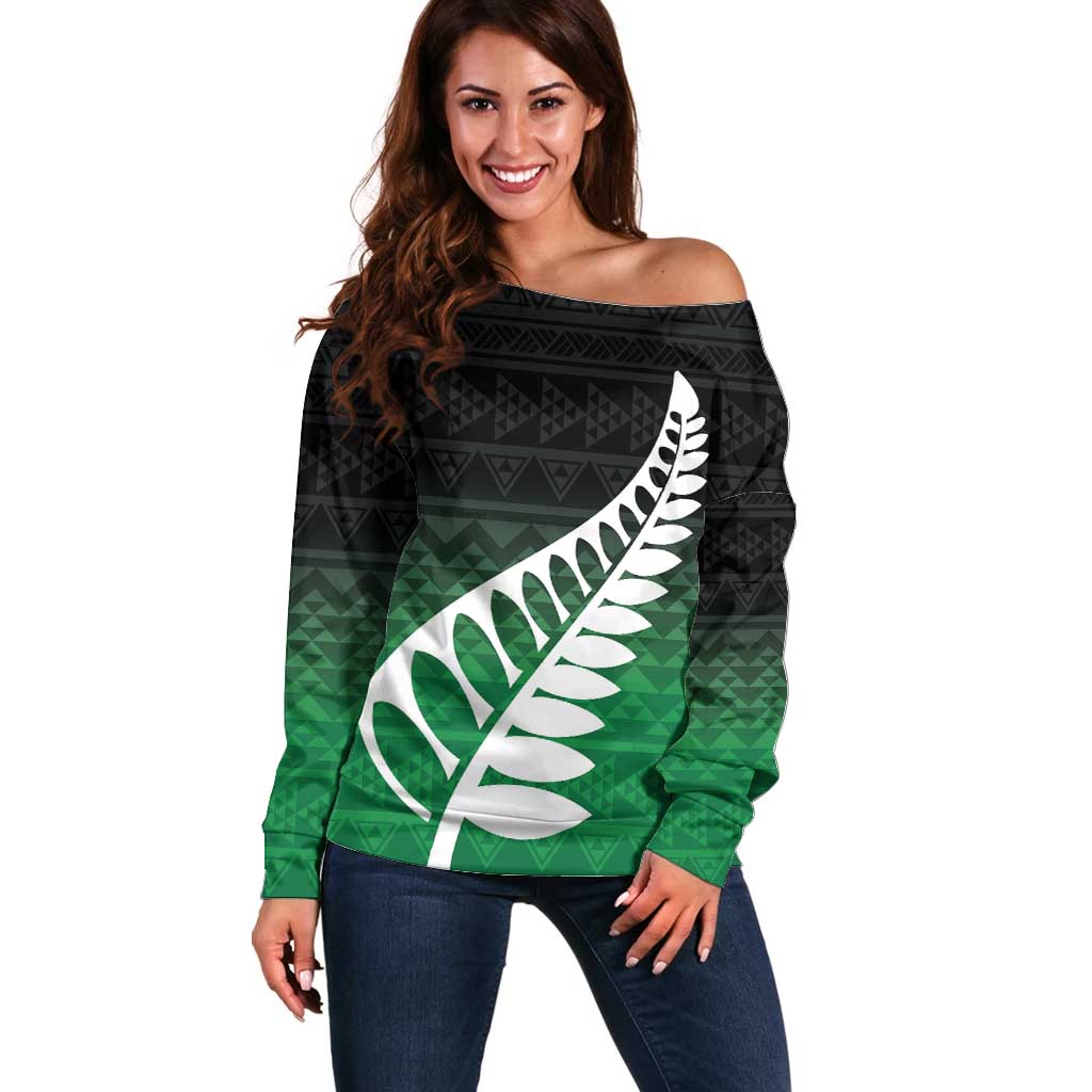 Green Silver Fern Spirit Taniko Tukutuku Personalised Off Shoulder Sweater LT9 Women Green - Polynesian Pride
