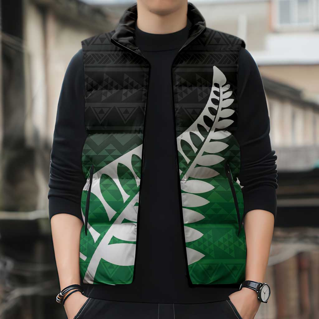 Green Silver Fern Spirit Taniko Tukutuku Personalised Sleeveless Puffer Jacket - Polynesian Pride