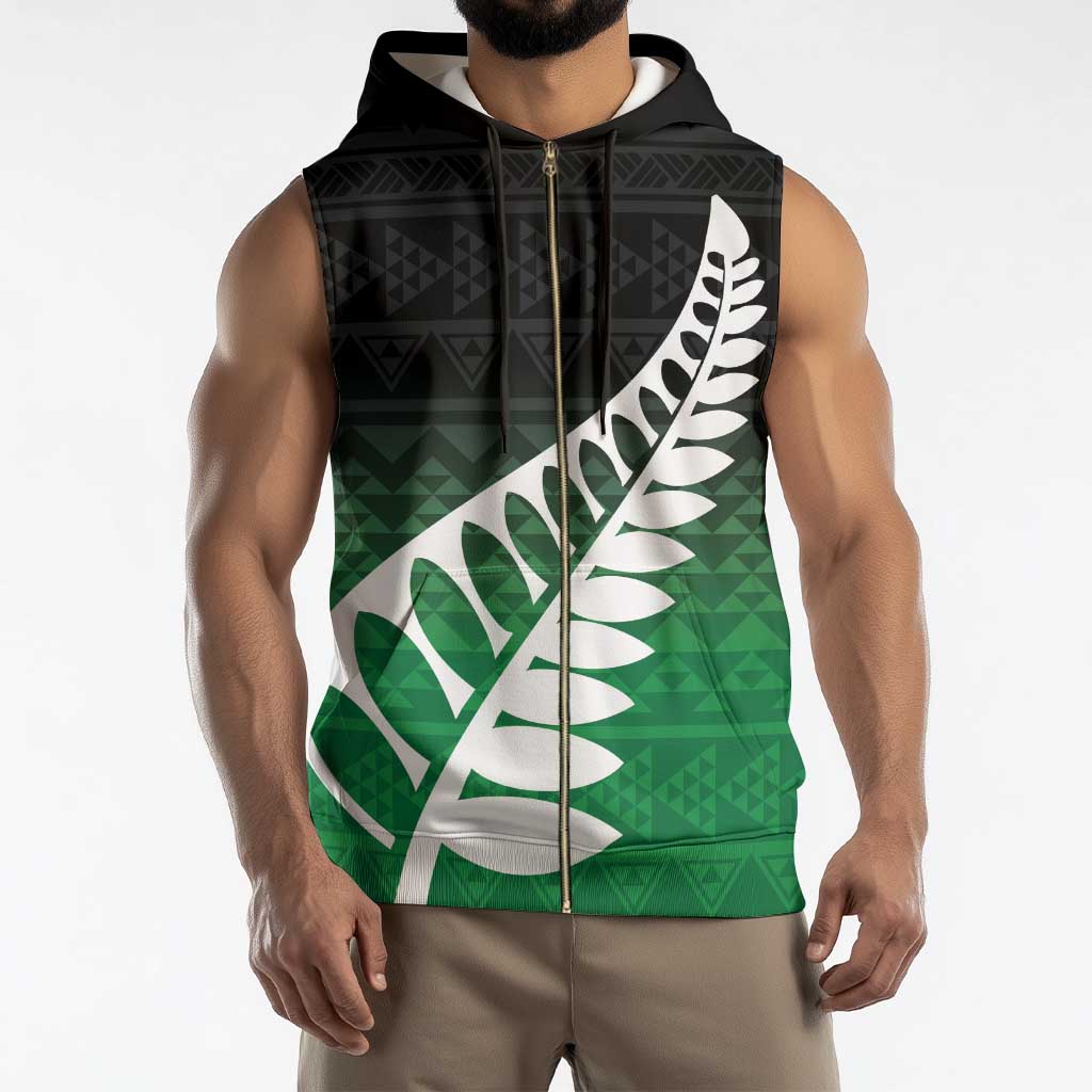 Green Silver Fern Spirit Taniko Tukutuku Personalised Sleeveless Zip Hoodie - Polynesian Pride