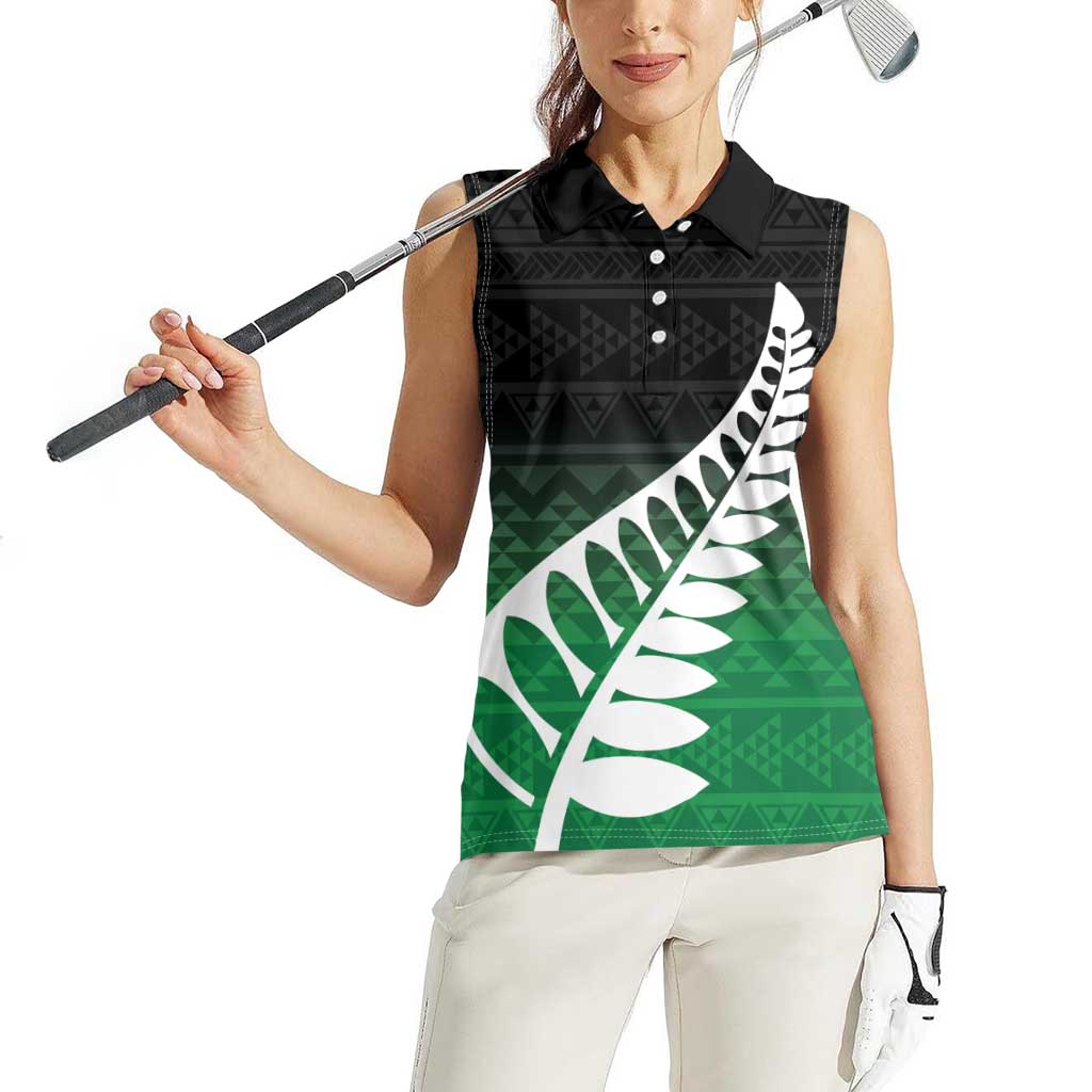 Green Silver Fern Spirit Taniko Tukutuku Personalised Women Sleeveless Polo Shirt