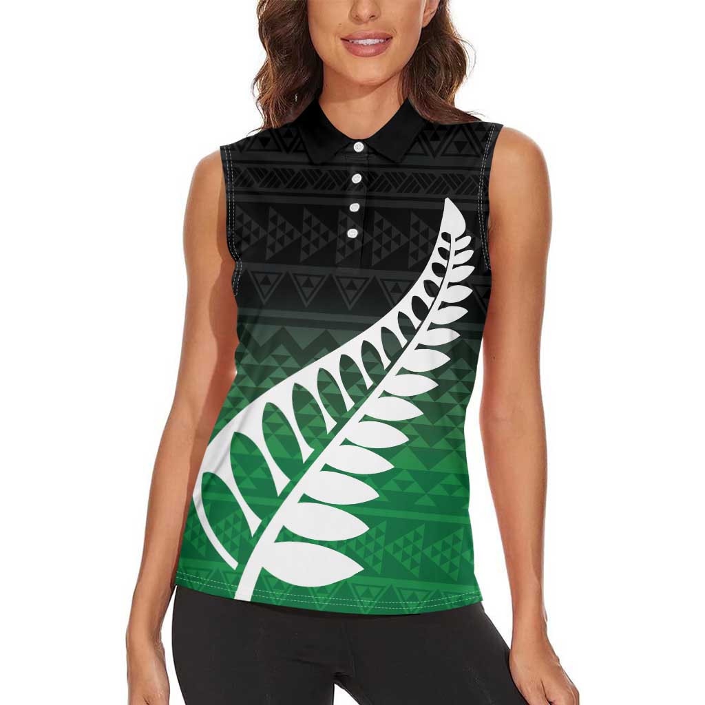 Green Silver Fern Spirit Taniko Tukutuku Personalised Women Sleeveless Polo Shirt