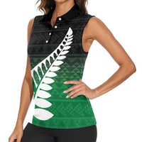 Green Silver Fern Spirit Taniko Tukutuku Personalised Women Sleeveless Polo Shirt