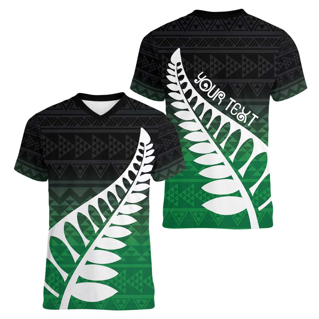 Green Silver Fern Spirit Taniko Tukutuku Personalised Women V-Neck T-Shirt