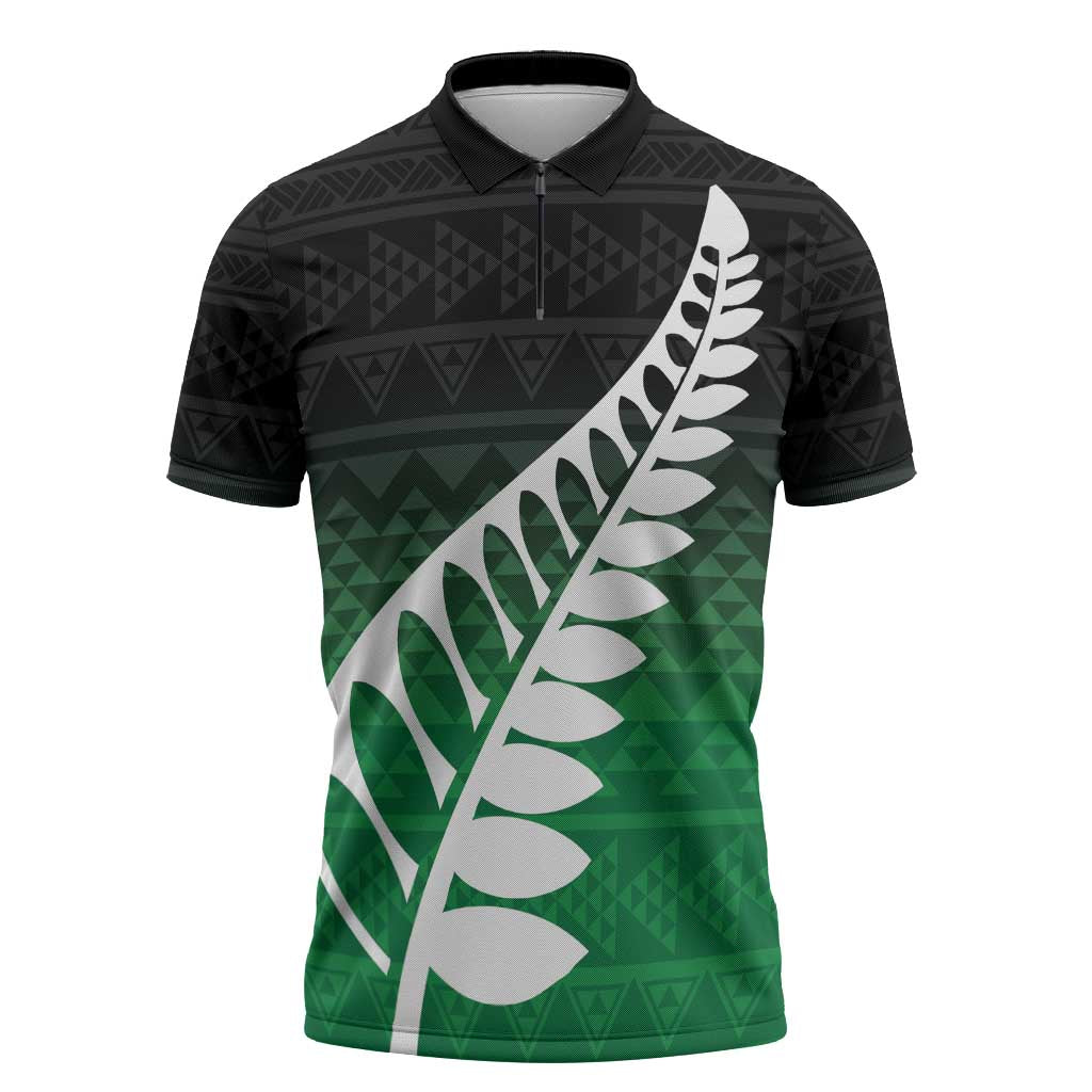 Green Silver Fern Spirit Taniko Tukutuku Personalised Zipper Polo Shirt - Polynesian Pride