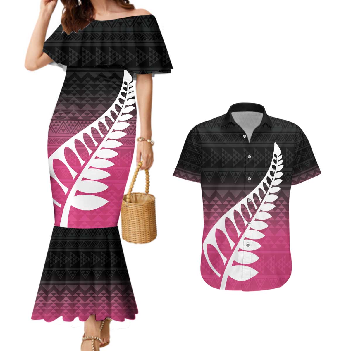 Pink Silver Fern Spirit Taniko Tukutuku Personalised Couples Matching Mermaid Dress and Hawaiian Shirt LT9 Pink - Polynesian Pride