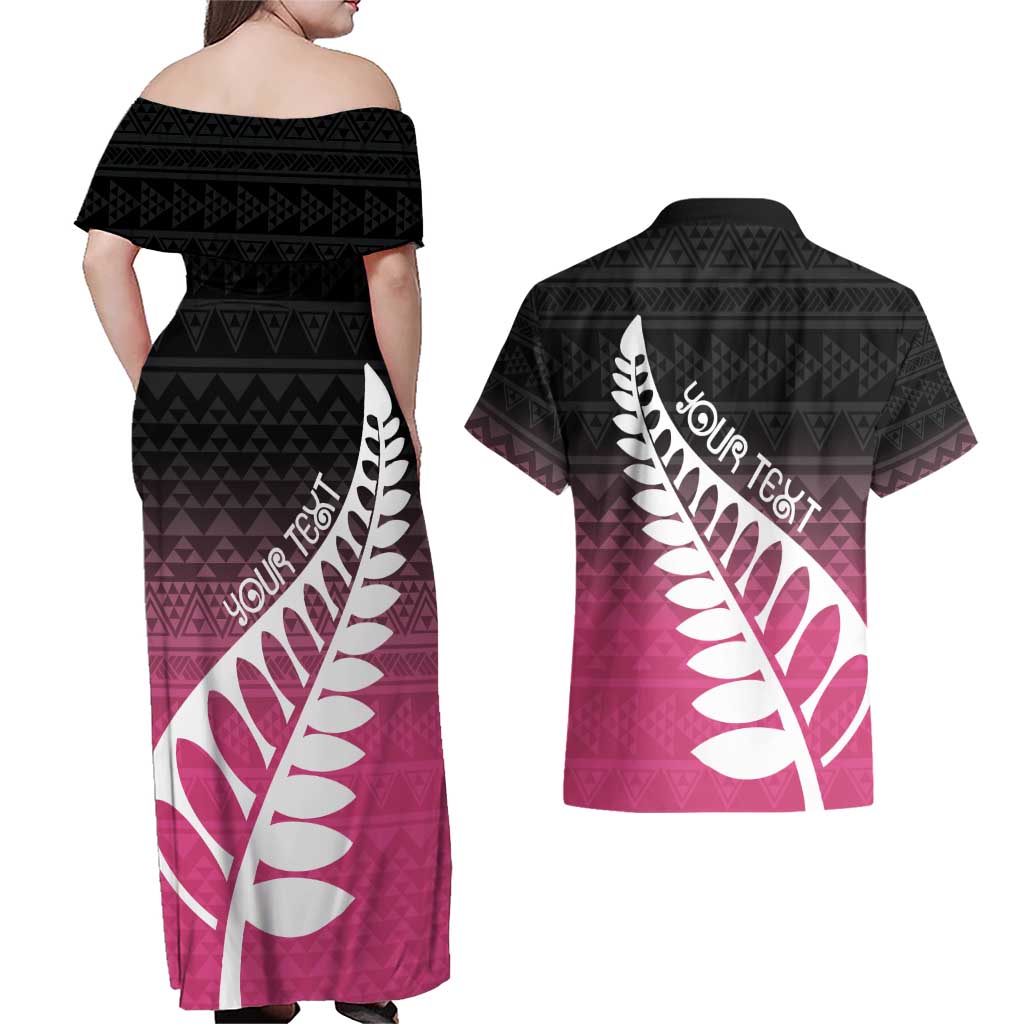 Pink Silver Fern Spirit Taniko Tukutuku Personalised Couples Matching Off Shoulder Maxi Dress and Hawaiian Shirt LT9 - Polynesian Pride