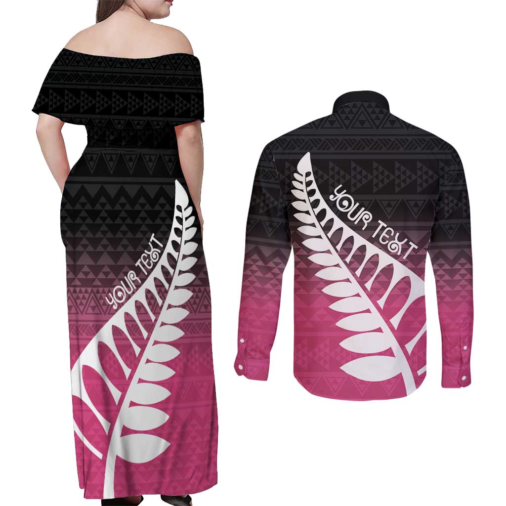 Pink Silver Fern Spirit Taniko Tukutuku Personalised Couples Matching Off Shoulder Maxi Dress and Long Sleeve Button Shirt