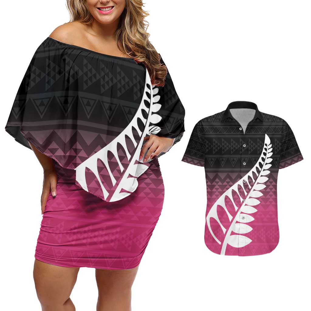 Pink Silver Fern Spirit Taniko Tukutuku Personalised Couples Matching Off Shoulder Short Dress and Hawaiian Shirt LT9 Pink - Polynesian Pride