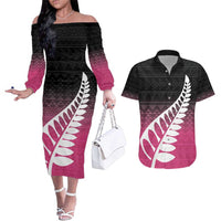 Pink Silver Fern Spirit Taniko Tukutuku Personalised Couples Matching Off The Shoulder Long Sleeve Dress and Hawaiian Shirt LT9 Pink - Polynesian Pride
