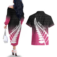 Pink Silver Fern Spirit Taniko Tukutuku Personalised Couples Matching Off The Shoulder Long Sleeve Dress and Hawaiian Shirt LT9 - Polynesian Pride