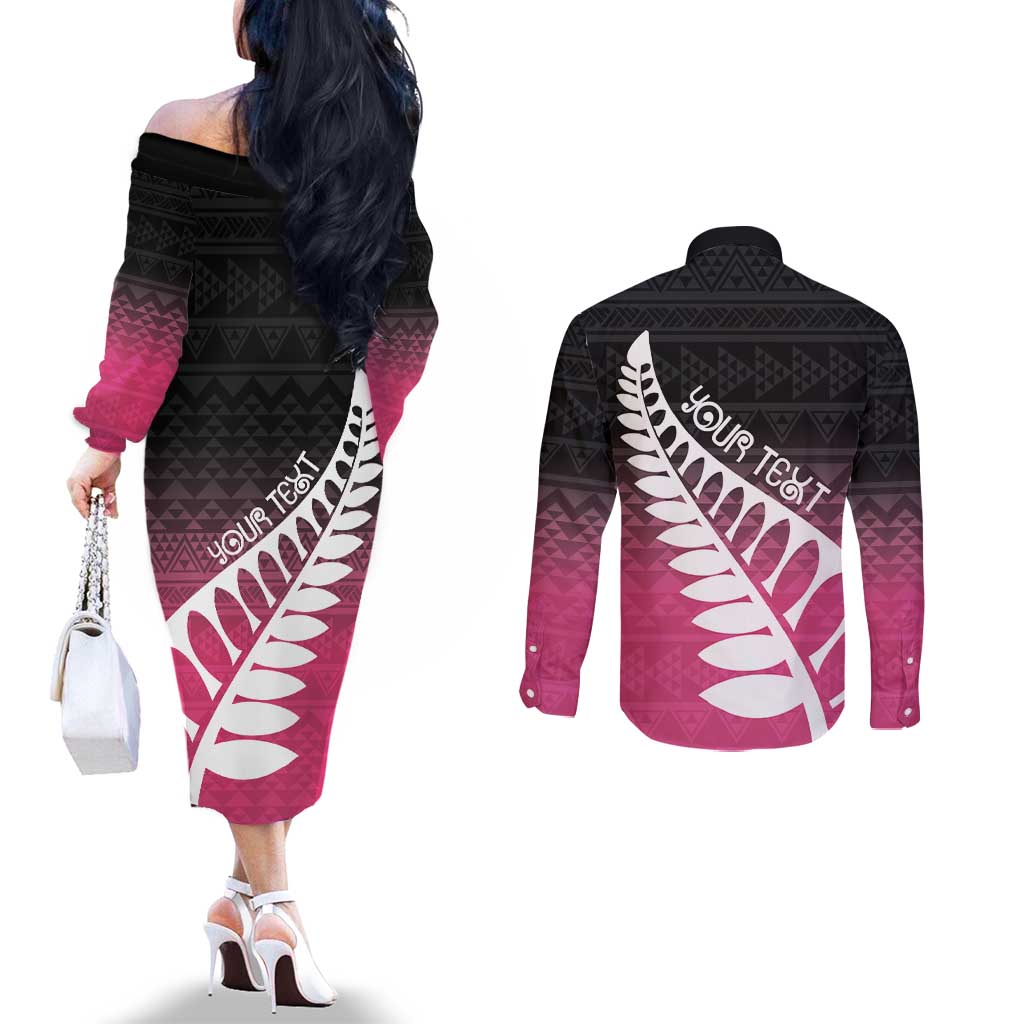 Pink Silver Fern Spirit Taniko Tukutuku Personalised Couples Matching Off The Shoulder Long Sleeve Dress and Long Sleeve Button Shirt LT9 - Polynesian Pride
