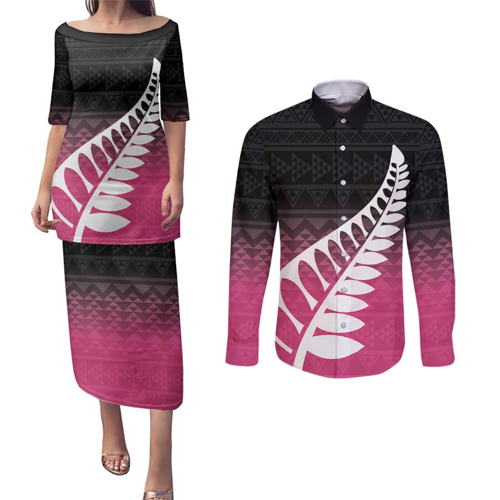 Pink Silver Fern Spirit Taniko Tukutuku Personalised Couples Matching Puletasi and Long Sleeve Button Shirt