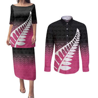 Pink Silver Fern Spirit Taniko Tukutuku Personalised Couples Matching Puletasi and Long Sleeve Button Shirt