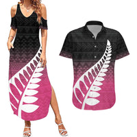 Pink Silver Fern Spirit Taniko Tukutuku Personalised Couples Matching Summer Maxi Dress and Hawaiian Shirt LT9 Pink - Polynesian Pride