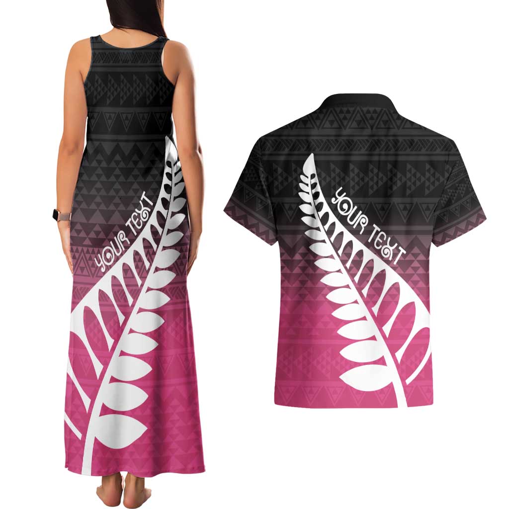 Pink Silver Fern Spirit Taniko Tukutuku Personalised Couples Matching Tank Maxi Dress and Hawaiian Shirt LT9 - Polynesian Pride