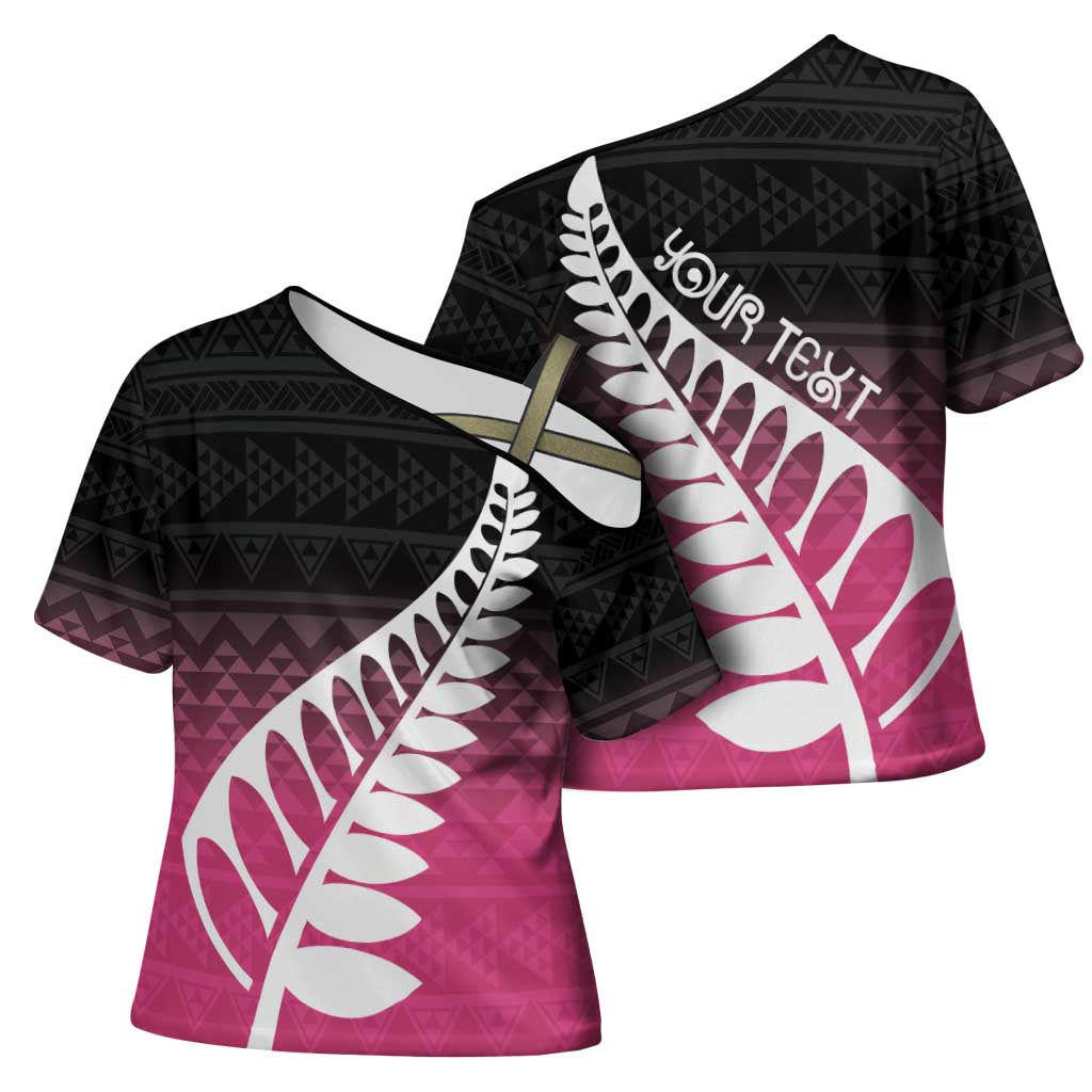 Pink Silver Fern Spirit Taniko Tukutuku Personalised Cross Shoulder Shirt - Polynesian Pride