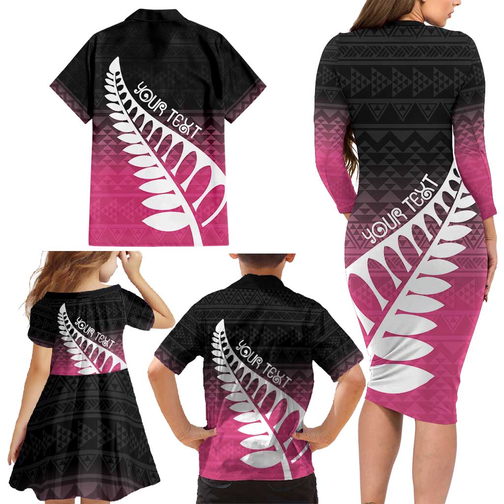 Pink Silver Fern Spirit Taniko Tukutuku Personalised Family Matching Long Sleeve Bodycon Dress and Hawaiian Shirt LT9 - Polynesian Pride