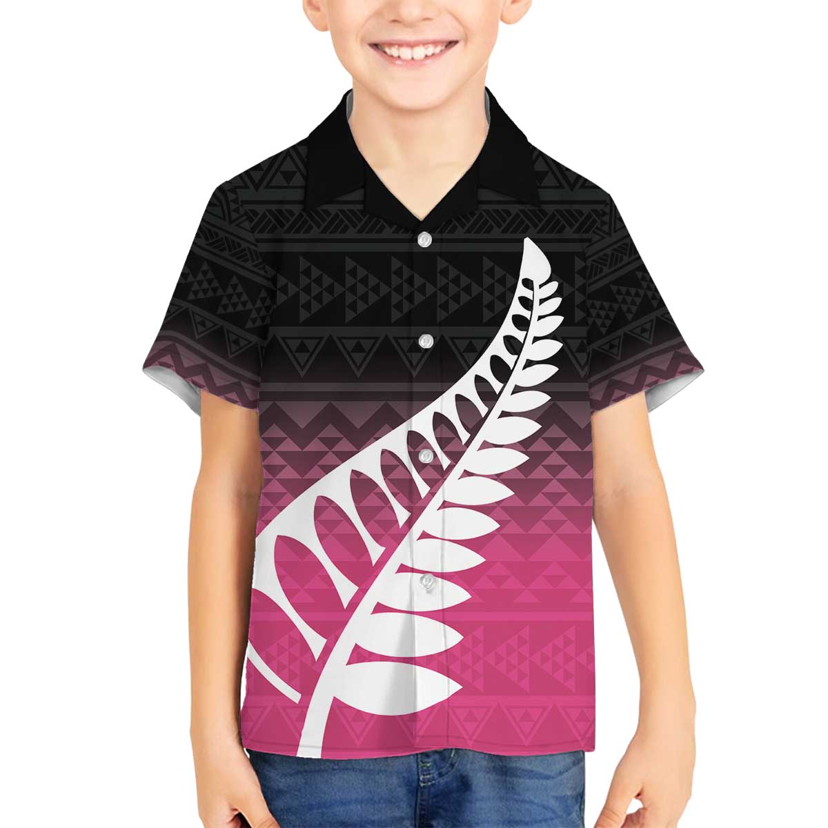 Pink Silver Fern Spirit Taniko Tukutuku Personalised Family Matching Off The Shoulder Long Sleeve Dress and Hawaiian Shirt LT9 Son's Shirt Pink - Polynesian Pride