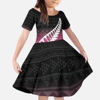 Pink Silver Fern Spirit Taniko Tukutuku Personalised Family Matching Off Shoulder Maxi Dress and Hawaiian Shirt LT9 Daughter's Dress Pink - Polynesian Pride