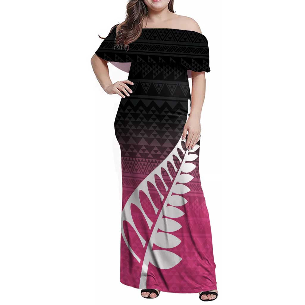 Pink Silver Fern Spirit Taniko Tukutuku Personalised Family Matching Off Shoulder Maxi Dress and Hawaiian Shirt LT9 Mom's Dress Pink - Polynesian Pride