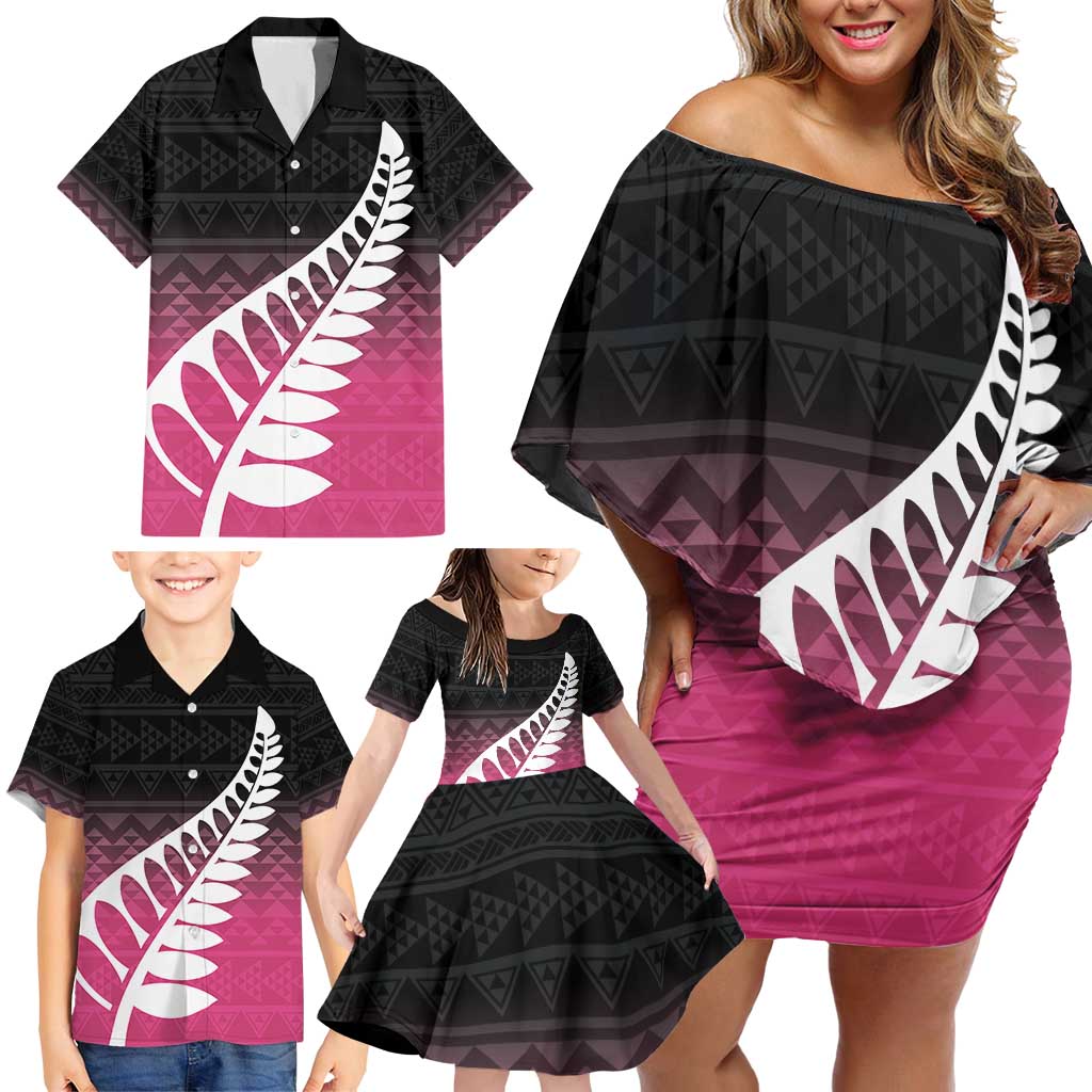 Pink Silver Fern Spirit Taniko Tukutuku Personalised Family Matching Off Shoulder Short Dress and Hawaiian Shirt LT9 - Polynesian Pride