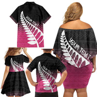 Pink Silver Fern Spirit Taniko Tukutuku Personalised Family Matching Off Shoulder Short Dress and Hawaiian Shirt LT9 - Polynesian Pride