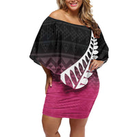 Pink Silver Fern Spirit Taniko Tukutuku Personalised Family Matching Off Shoulder Short Dress and Hawaiian Shirt LT9 Mom's Dress Pink - Polynesian Pride