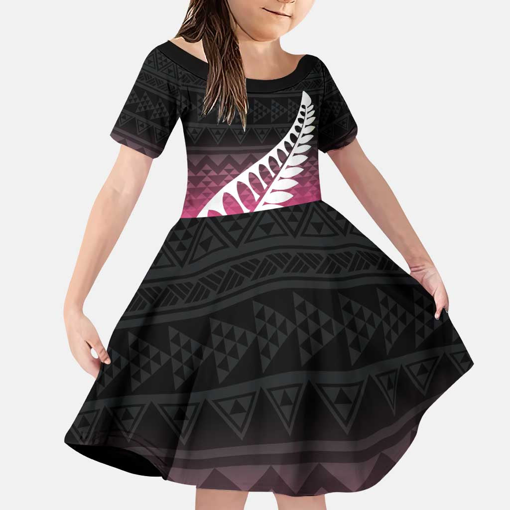 Pink Silver Fern Spirit Taniko Tukutuku Personalised Family Matching Puletasi and Hawaiian Shirt LT9 Daughter's Dress Pink - Polynesian Pride