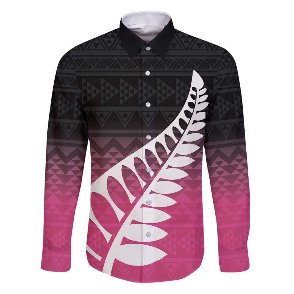 Pink Silver Fern Spirit Taniko Tukutuku Personalised Family Matching Puletasi and Hawaiian Shirt LT9 Dad's Shirt - Long Sleeve Pink - Polynesian Pride
