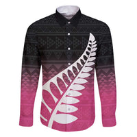 Pink Silver Fern Spirit Taniko Tukutuku Personalised Family Matching Puletasi and Hawaiian Shirt LT9 Dad's Shirt - Long Sleeve Pink - Polynesian Pride