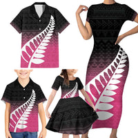 Pink Silver Fern Spirit Taniko Tukutuku Personalised Family Matching Short Sleeve Bodycon Dress and Hawaiian Shirt LT9 - Polynesian Pride