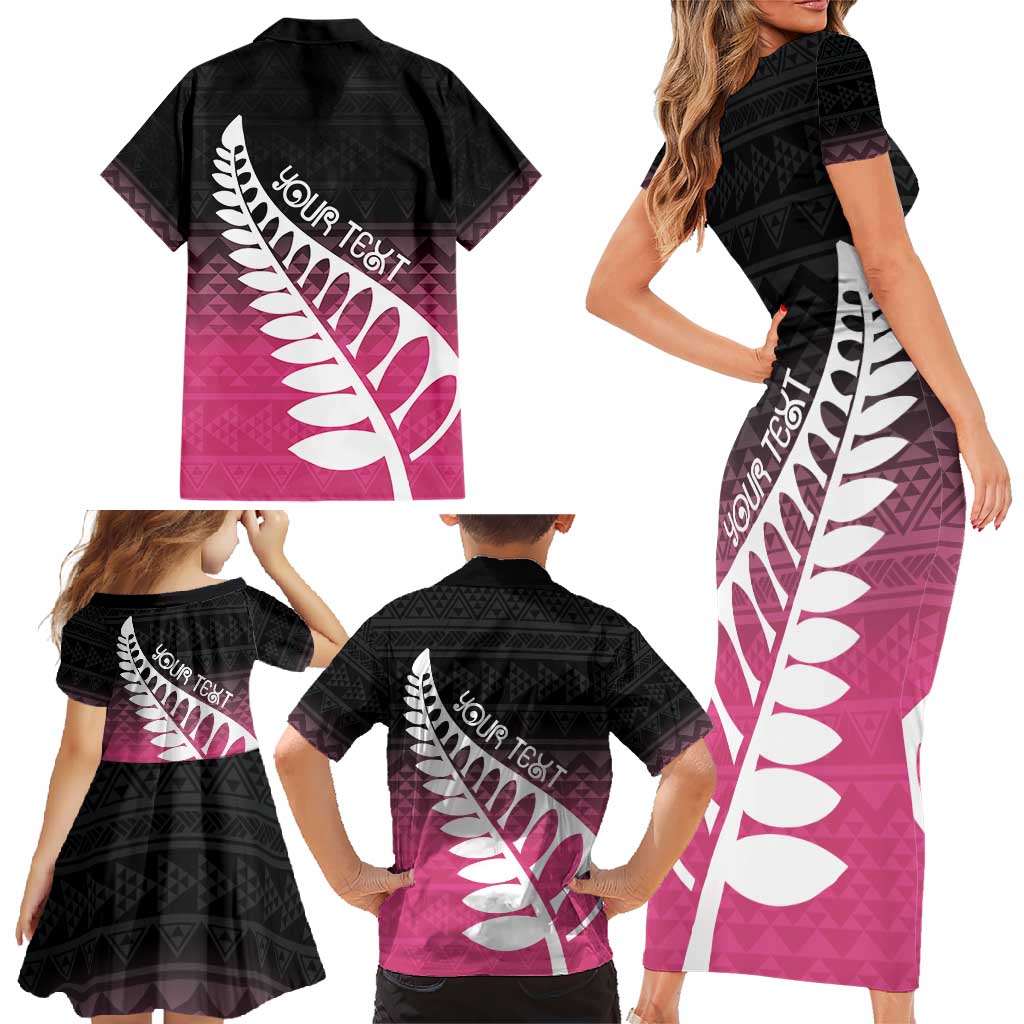 Pink Silver Fern Spirit Taniko Tukutuku Personalised Family Matching Short Sleeve Bodycon Dress and Hawaiian Shirt LT9 - Polynesian Pride