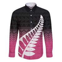 Pink Silver Fern Spirit Taniko Tukutuku Personalised Family Matching Summer Maxi Dress and Hawaiian Shirt LT9 Dad's Shirt - Long Sleeve Pink - Polynesian Pride