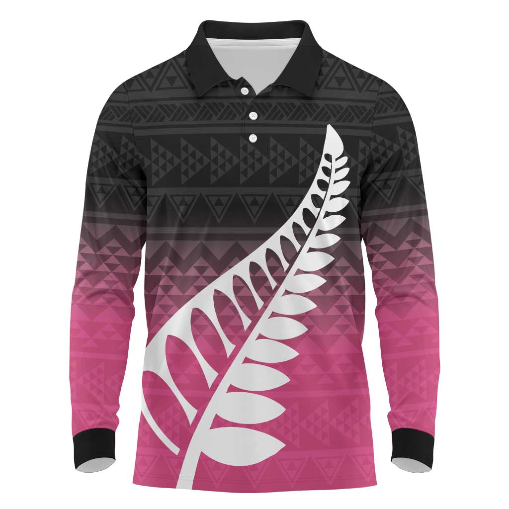 Pink Silver Fern Spirit Taniko Tukutuku Personalised Long Sleeve Polo Shirt