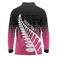Pink Silver Fern Spirit Taniko Tukutuku Personalised Long Sleeve Polo Shirt