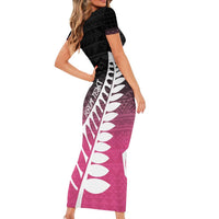 Pink Silver Fern Spirit Taniko Tukutuku Personalised Short Sleeve Bodycon Dress LT9 - Polynesian Pride