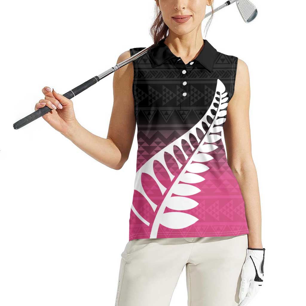 Pink Silver Fern Spirit Taniko Tukutuku Personalised Women Sleeveless Polo Shirt