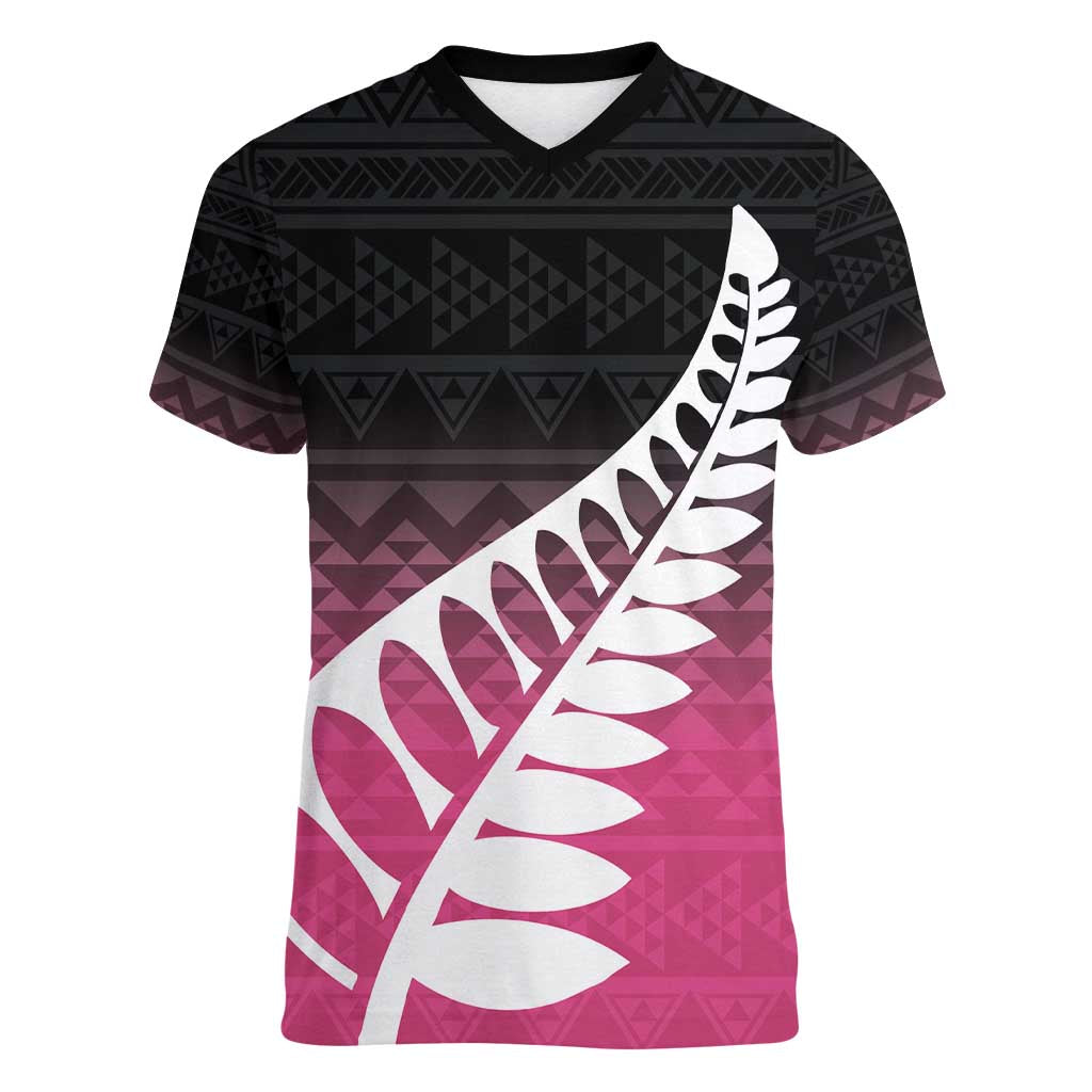 Pink Silver Fern Spirit Taniko Tukutuku Personalised Women V-Neck T-Shirt