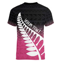 Pink Silver Fern Spirit Taniko Tukutuku Personalised Women V-Neck T-Shirt