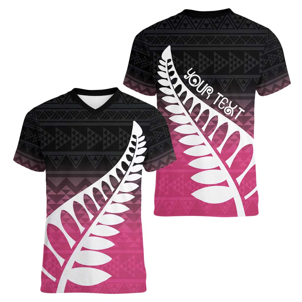 Pink Silver Fern Spirit Taniko Tukutuku Personalised Women V-Neck T-Shirt