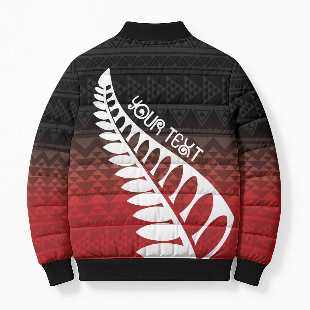 Red Silver Fern Spirit Taniko Tukutuku Personalised Bomber Puffer Jacket - Polynesian Pride