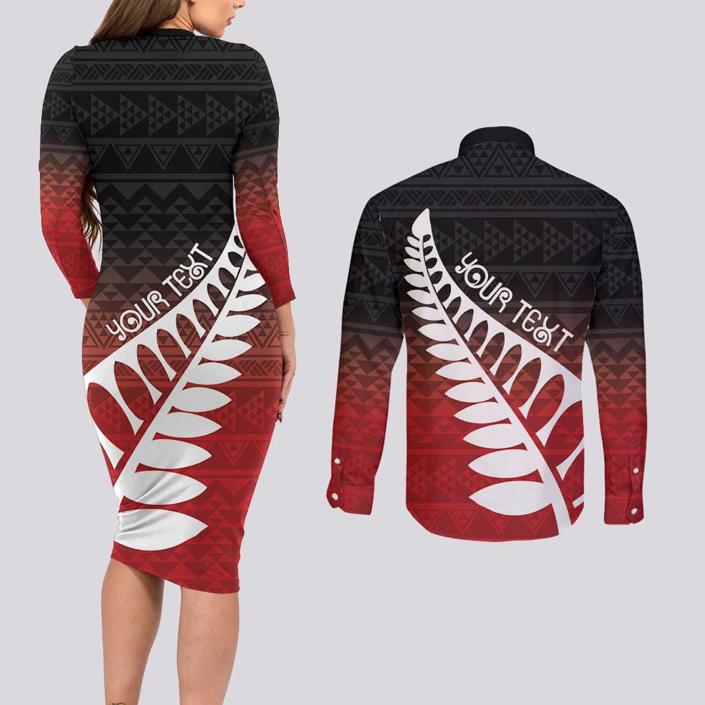 Red Silver Fern Spirit Taniko Tukutuku Personalised Couples Matching Long Sleeve Bodycon Dress and Long Sleeve Button Shirt LT9 - Polynesian Pride